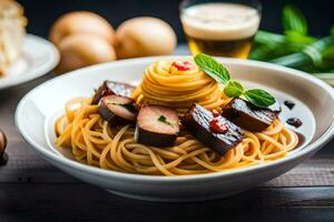 spaghetti con carne e verdure nel un' ciotola. ai-generato foto