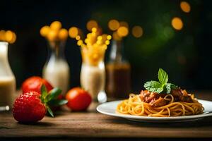 spaghetti con pomodoro salsa e carne su un' piatto. ai-generato foto