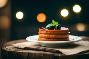 un' pila di Pancakes su un' piatto con frutti di bosco. ai-generato foto