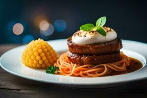 un' piatto con spaghetti e carne su esso. ai-generato foto