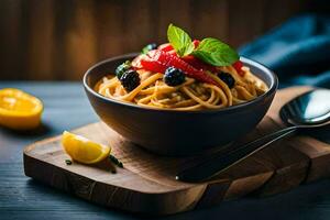 spaghetti con pomodori, basilico e olive nel un' ciotola. ai-generato foto