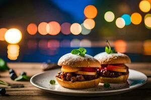 Due hamburger su un' piatto con luci nel il sfondo. ai-generato foto