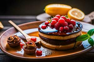 un' dolce con frutti di bosco e cioccolato su un' di legno tavolo. ai-generato foto