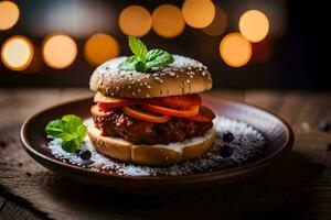 un' Hamburger con pomodori e formaggio su un' piatto. ai-generato foto