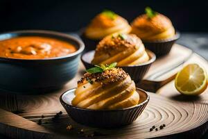 piccolo pane rotoli con formaggio e salsa su un' di legno tavolo. ai-generato foto