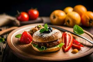 un' Hamburger con verdure e frutta su un' di legno piatto. ai-generato foto