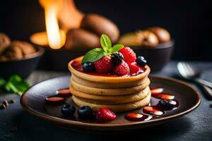 Pancakes con frutti di bosco e sciroppo su un' piatto. ai-generato foto