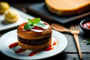 un' Hamburger con ketchup e formaggio su un' piatto. ai-generato foto