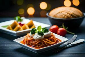 spaghetti con pomodoro salsa e pane su un' tavolo. ai-generato foto