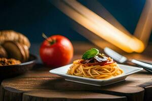 spaghetti con pomodoro salsa su un' piatto. ai-generato foto