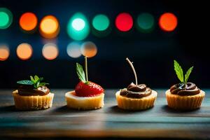 quattro mini cupcakes con cioccolato e fragole su un' di legno tavolo. ai-generato foto