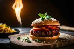 un' Hamburger con pomodoro, lattuga e erbe aromatiche su un' di legno taglio tavola. ai-generato foto