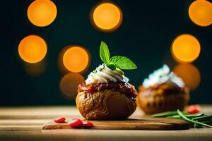 Due ripieno patate con frustato crema e menta le foglie. ai-generato foto