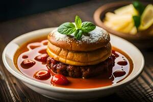 un' piatto di cibo con un' hamburger e salsa. ai-generato foto