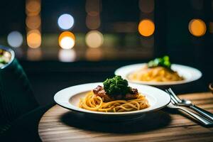 Due piatti di spaghetti con carne su un' tavolo. ai-generato foto