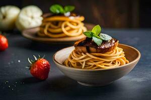 spaghetti con carne e verdure nel un' ciotola. ai-generato foto