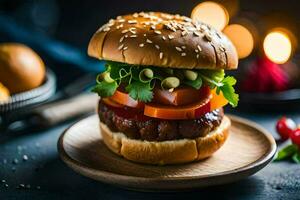 un' Hamburger con verdure e carne su un' piatto. ai-generato foto