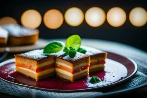 un' fetta di torta su un' piatto. ai-generato foto