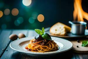 spaghetti con carne e verdure su un' piatto. ai-generato foto