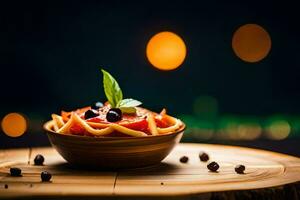 un' ciotola di pasta con basilico le foglie su superiore di un' di legno tavolo. ai-generato foto