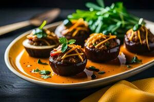 ripieno melanzana con formaggio e erbe aromatiche su un' piatto. ai-generato foto