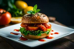 un' Hamburger con pomodoro salsa su un' bianca piatto. ai-generato foto