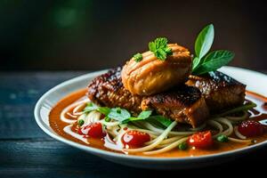 un' piatto di spaghetti con carne e pomodoro salsa. ai-generato foto