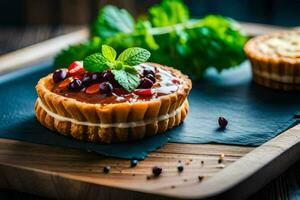 un' piccolo Pasticcino con frutta e menta le foglie su un' di legno taglio tavola. ai-generato foto