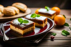 tre pezzi di torta di formaggio su un' piatto. ai-generato foto