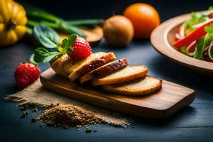 affettato pane con fragole e erbe aromatiche su un' di legno taglio tavola. ai-generato foto