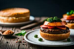 un' Hamburger con verdure e spezie su un' piatto. ai-generato foto