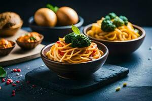 spaghetti con broccoli e uova su un' buio tavolo. ai-generato foto