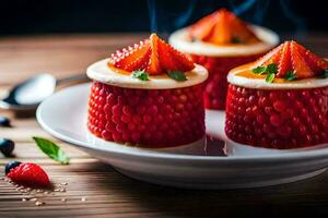 tre piccolo dolci con fragole su superiore. ai-generato foto