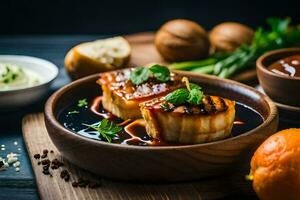 grigliato scaloppine con salsa e verdure nel un' di legno ciotola. ai-generato foto