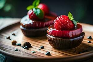 Due cioccolato cupcakes con fragole su superiore. ai-generato foto