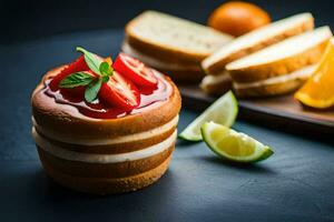 un' fetta di torta con fragole e lime fette. ai-generato foto