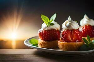 fragole su un' piatto con frustato crema e un' tramonto. ai-generato foto