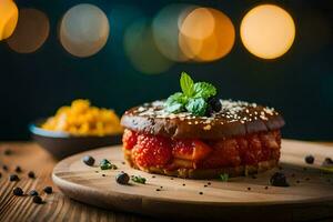 un' Sandwich con fragole e formaggio su un' di legno tavola. ai-generato foto