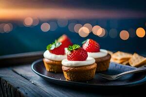 tre mini cupcakes con fragole su un' piatto. ai-generato foto