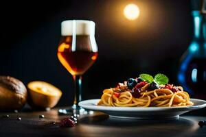 spaghetti con carne e verdure su un' piatto. ai-generato foto