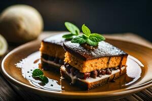 un' pezzo di torta su un' piatto con un' fetta di Limone. ai-generato foto