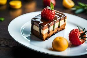 un' pezzo di torta con fragole e cioccolato su un' bianca piatto. ai-generato foto