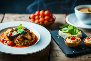 un' piatto di cibo con pomodoro salsa e carne. ai-generato foto