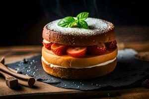 un' fragola e crema Sandwich su un' di legno tavola. ai-generato foto