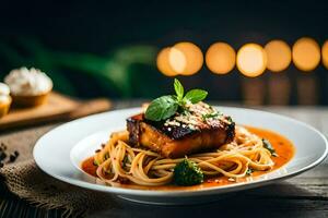 un' piatto di spaghetti con carne e salsa su un' di legno tavolo. ai-generato foto