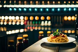 un' piatto di spaghetti su un' tavolo nel davanti di un' bottiglia di vino. ai-generato foto