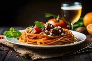 spaghetti con carne e verdure su un' piatto. ai-generato foto