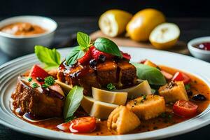 un' piatto di cibo con carne, patate e verdure. ai-generato foto