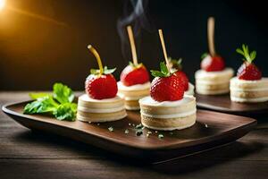 piccolo torte con fragole su bastoni. ai-generato foto