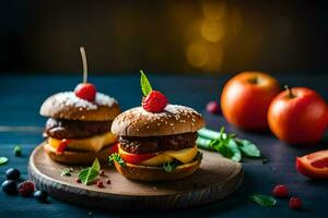 Due hamburger con formaggio e frutta su un' di legno tavola. ai-generato foto